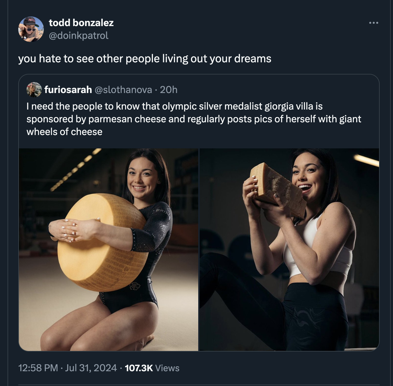 Giorgia Villa - todd bonzalez you hate to see other people living out your dreams furiosarah 20h I need the people to know that olympic silver medalist giorgia villa is sponsored by parmesan cheese and regularly posts pics of herself with giant wheels of 